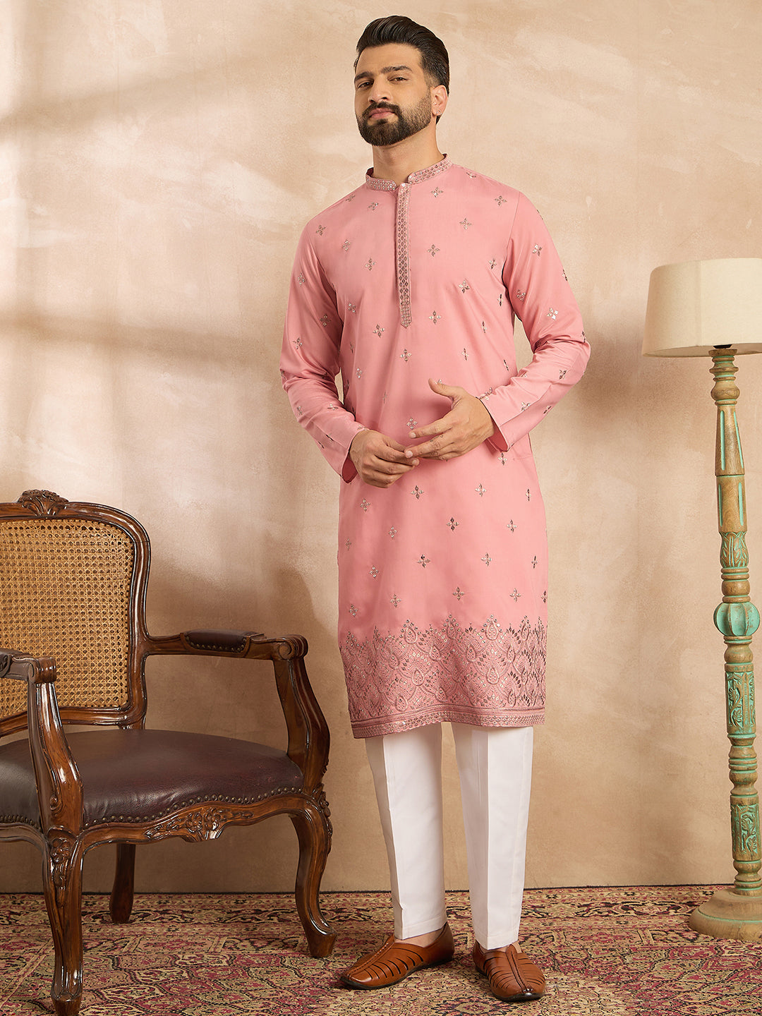 Ethnic Bay Men Peach Silk Blend Solid Embroidered Straight Kurta