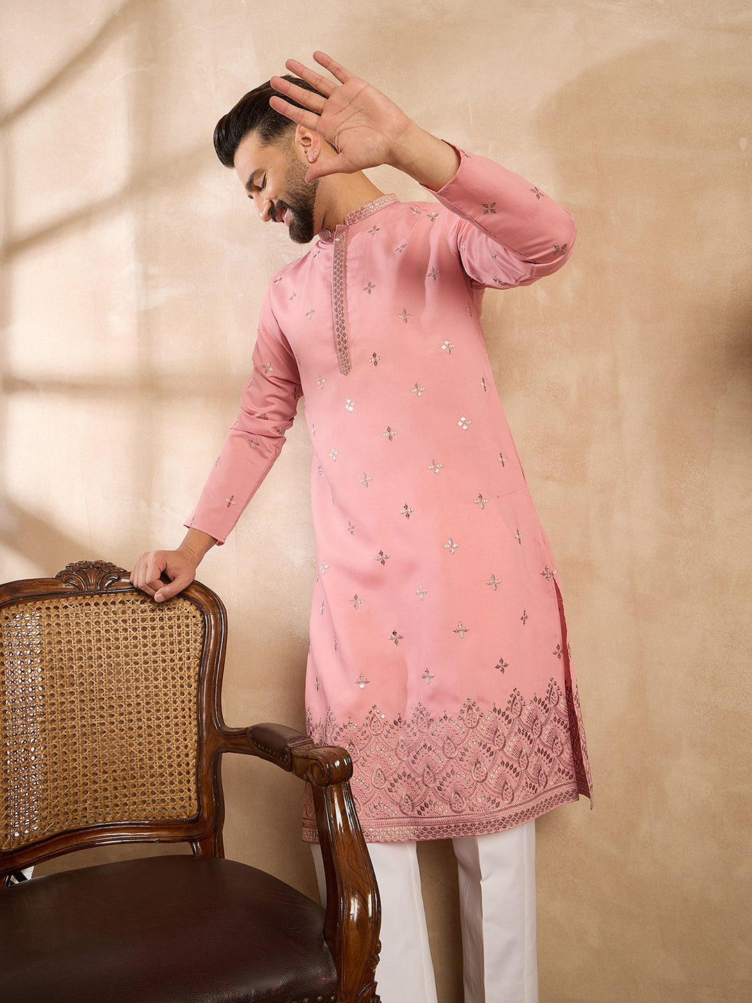 Ethnic Bay Men Peach Silk Blend Solid Embroidered Straight Kurta