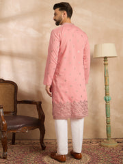 Ethnic Bay Men Peach Silk Blend Solid Embroidered Straight Kurta-MKU1807