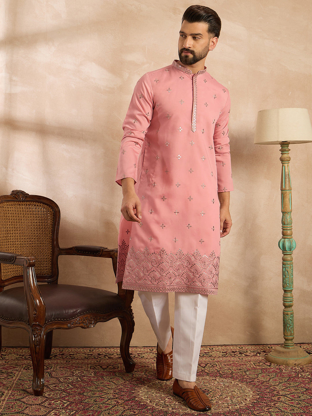 Ethnic Bay Men Peach Silk Blend Solid Embroidered Straight Kurta