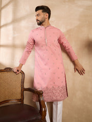 Ethnic Bay Men Peach Silk Blend Solid Embroidered Straight Kurta-MKU1807