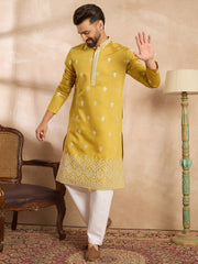 Ethnic Bay Men Yellow Polyester Solid Embroidered Straight Kurta-MKU1809