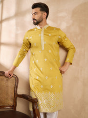 Ethnic Bay Men Yellow Polyester Solid Embroidered Straight Kurta-MKU1809