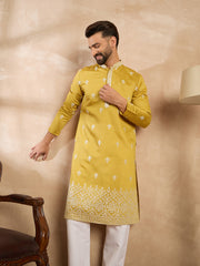 Ethnic Bay Men Yellow Polyester Solid Embroidered Straight Kurta-MKU1809