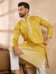 Ethnic Bay Men Yellow Polyester Solid Embroidered Straight Kurta-MKU1809