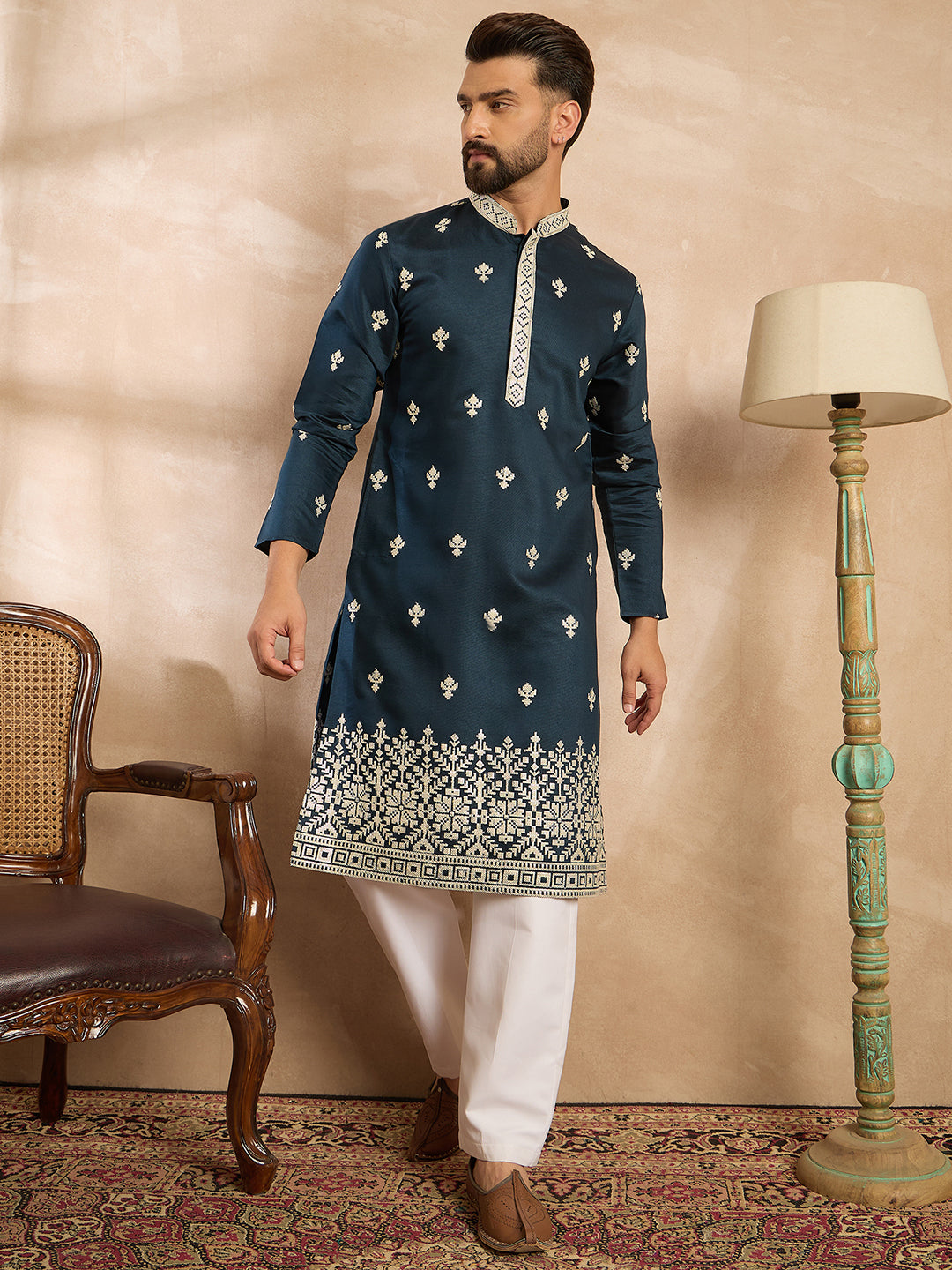 Ethnic Bay Men Navy Blue Polyester Solid Embroidered Straight Kurta