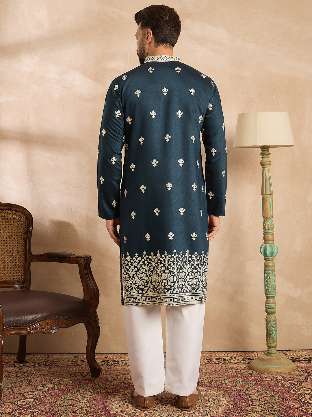 Ethnic Bay Men Navy Blue Polyester Solid Embroidered Straight Kurta