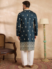 Ethnic Bay Men Navy Blue Polyester Solid Embroidered Straight Kurta-MKU1810