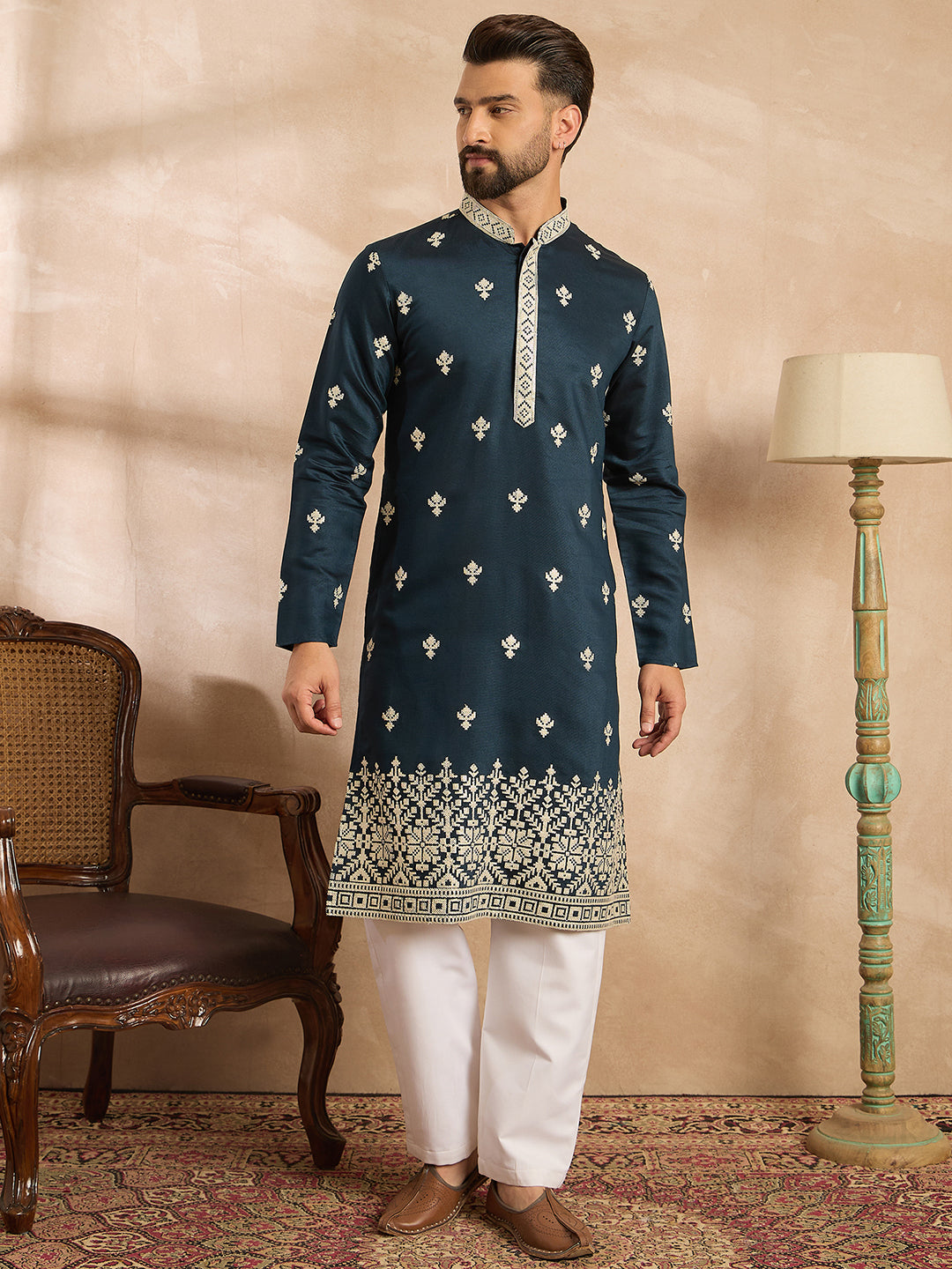 Ethnic Bay Men Navy Blue Polyester Solid Embroidered Straight Kurta
