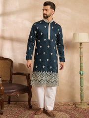 Ethnic Bay Men Navy Blue Polyester Solid Embroidered Straight Kurta-MKU1810