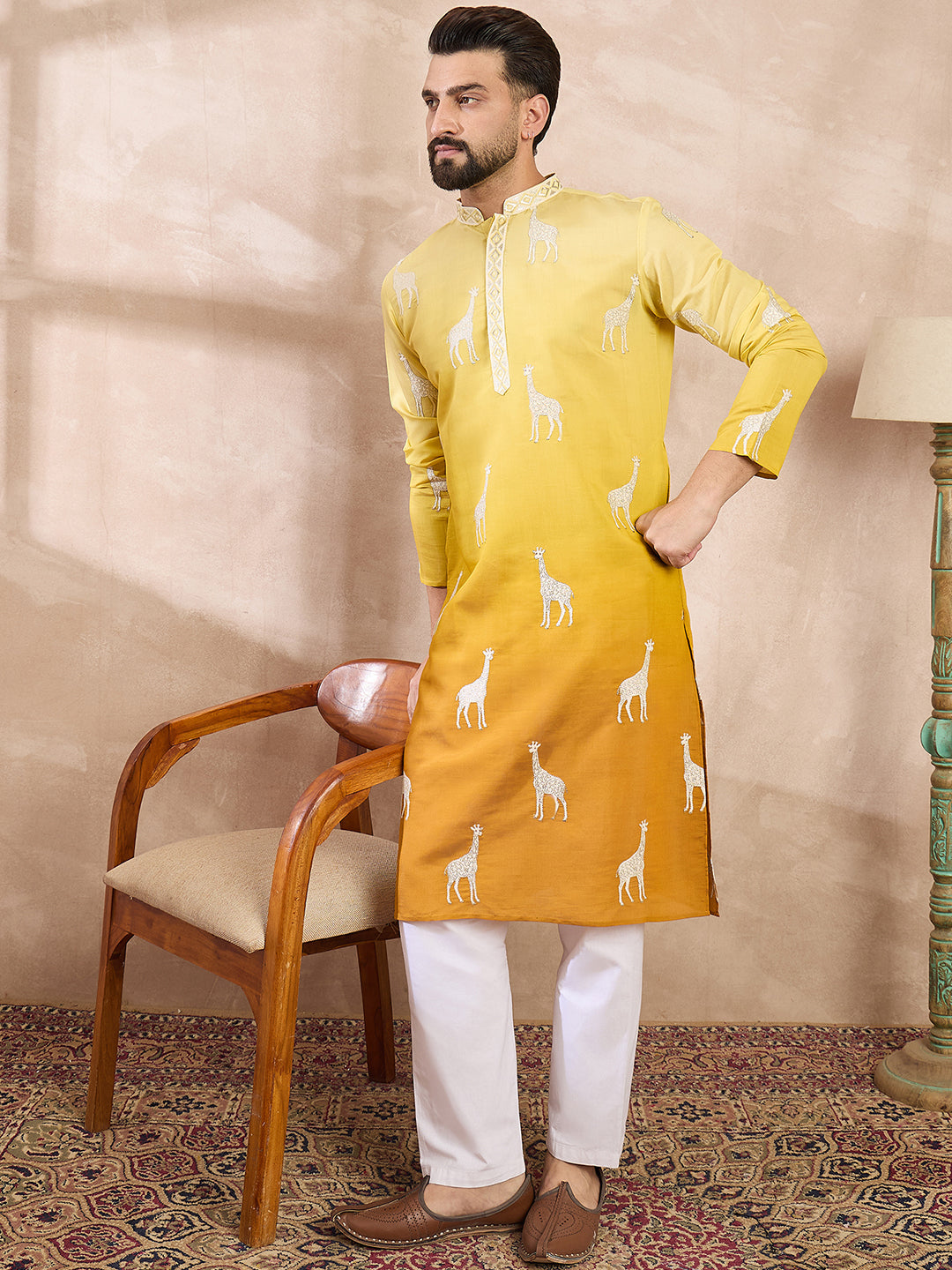 Ethnic Bay Men Yellow Silk Blend Ethnic Motifs Embroidered Straight Kurta