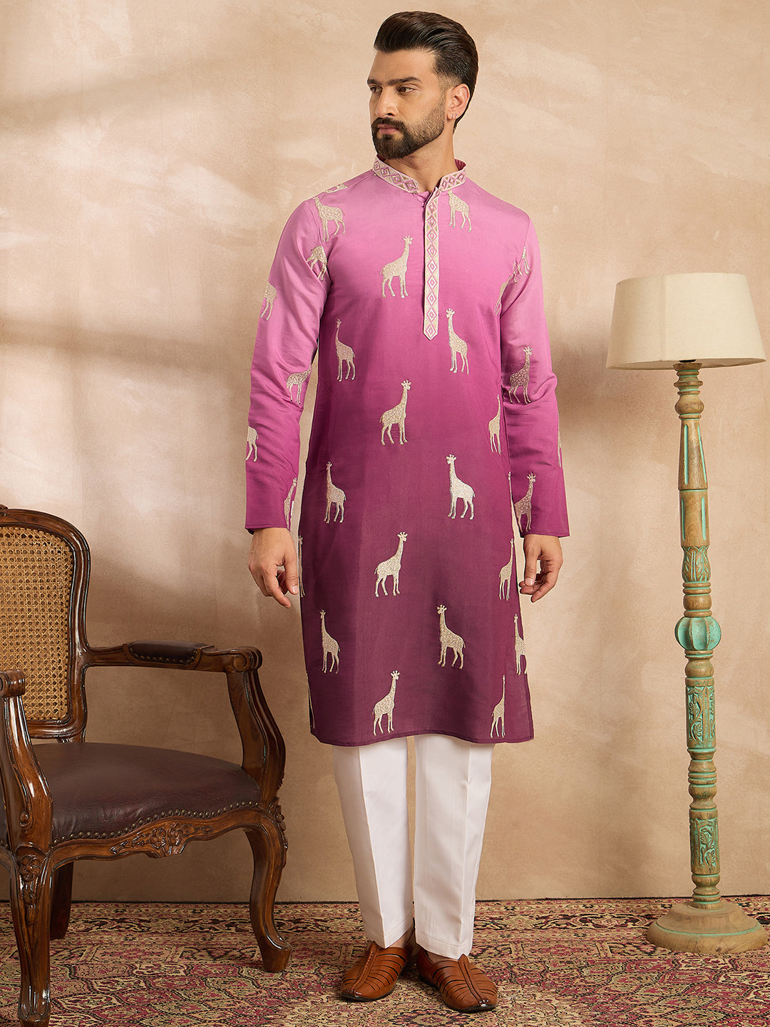 Ethnic Bay Men Purple Silk Blend Ombre Embroidered Straight Kurta