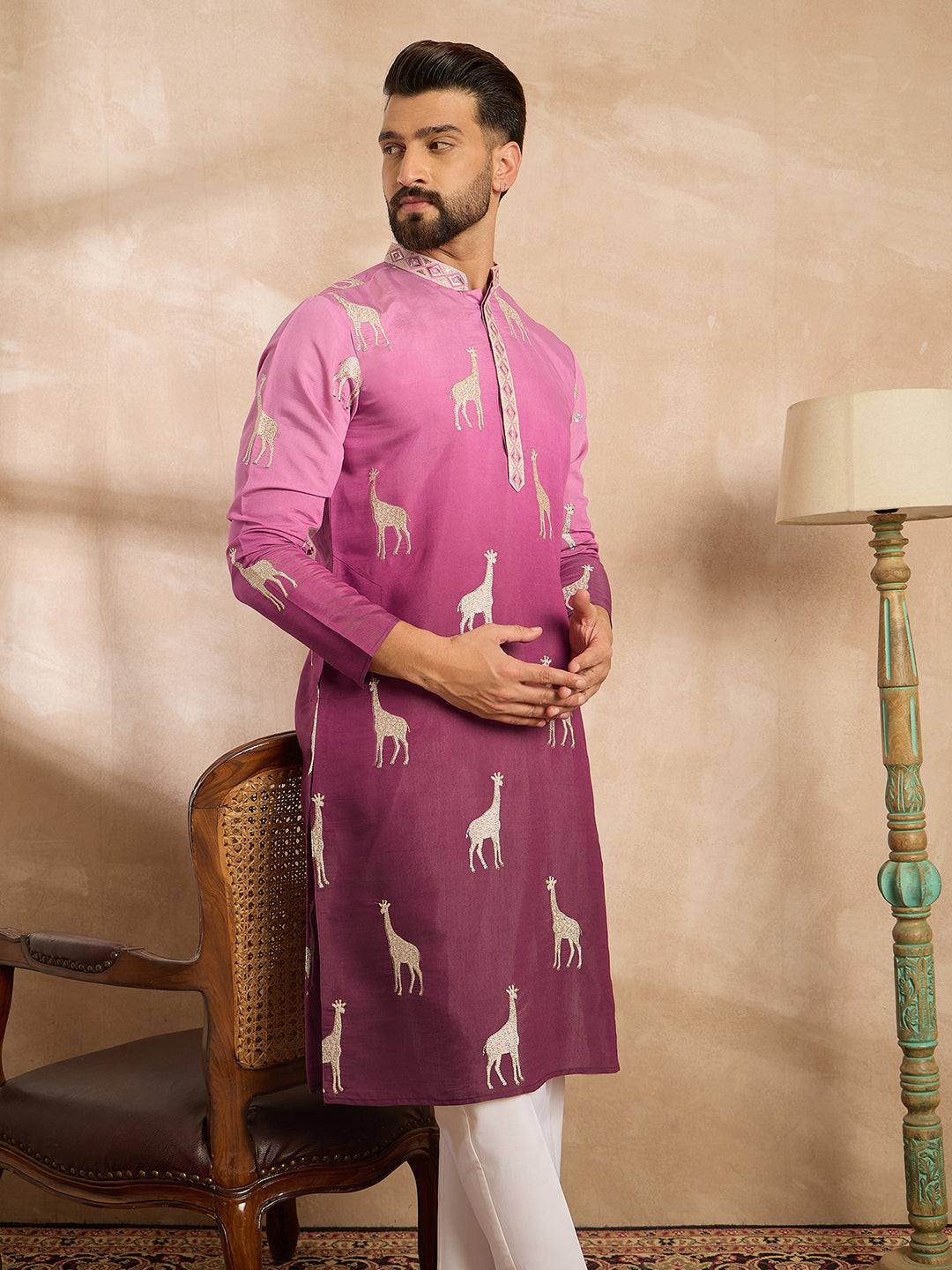Ethnic Bay Men Purple Silk Blend Ombre Embroidered Straight Kurta