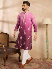 Ethnic Bay Men Purple Silk Blend Ombre Embroidered Straight Kurta-MKU1813