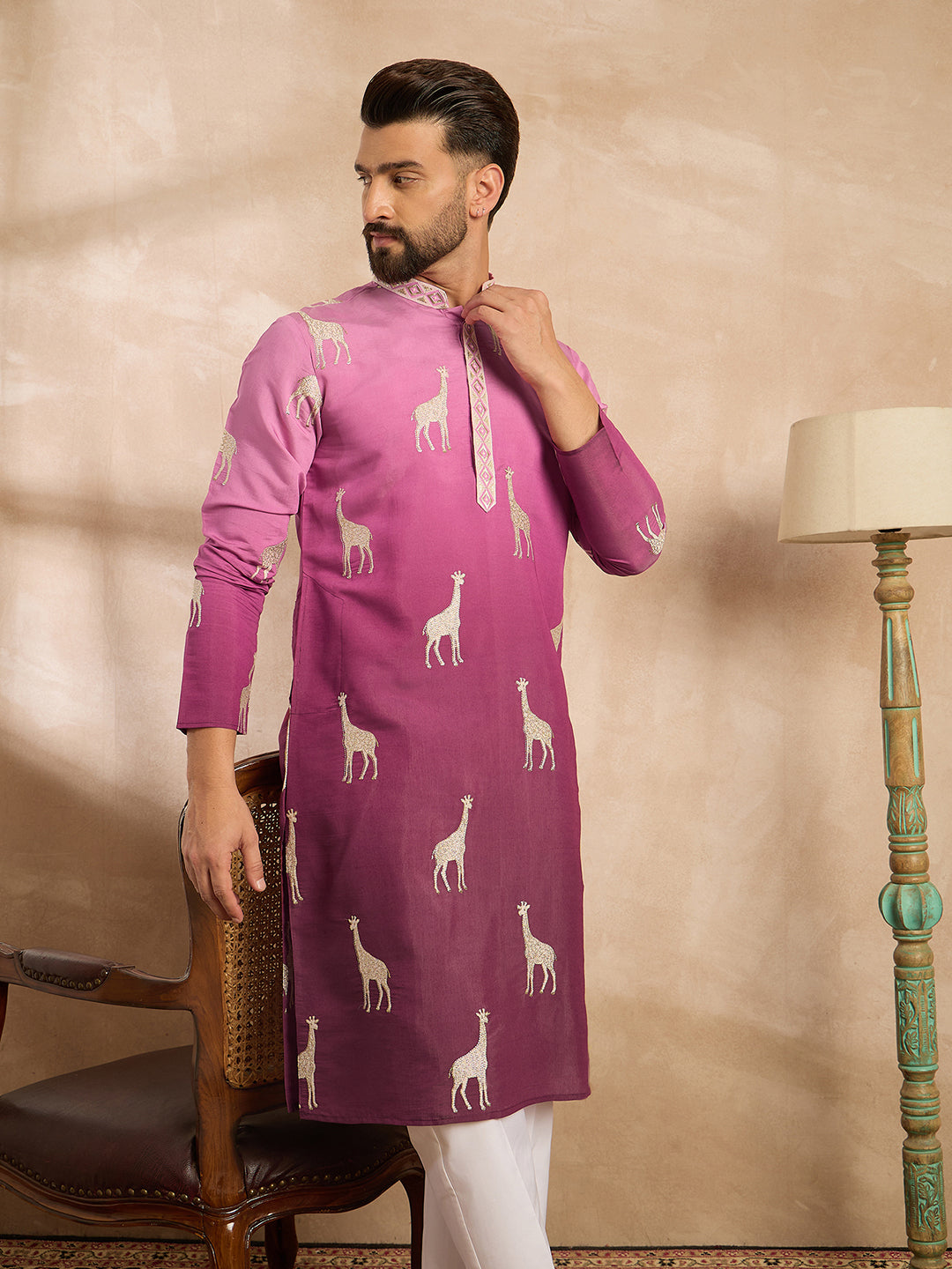 Ethnic Bay Men Purple Silk Blend Ombre Embroidered Straight Kurta