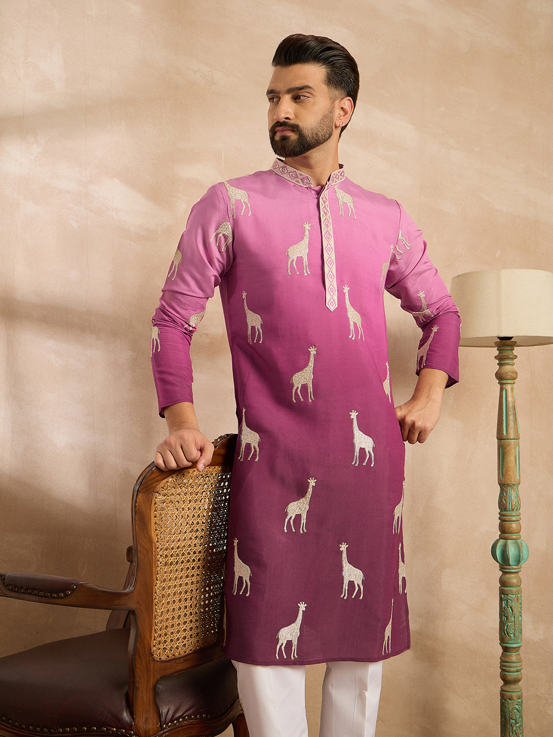 Ethnic Bay Men Purple Silk Blend Ombre Embroidered Straight Kurta