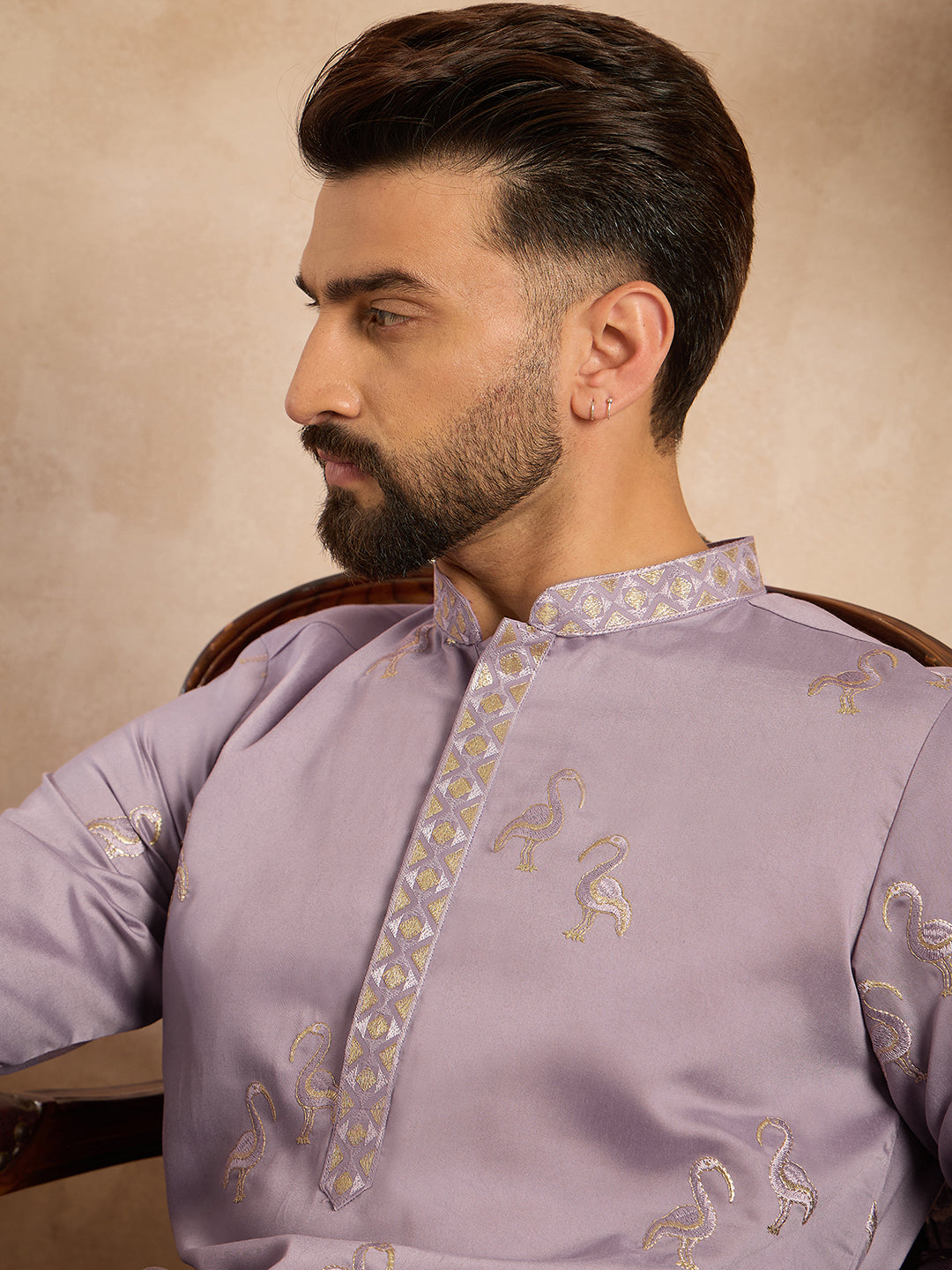 Ethnic Bay Men Lavender Silk Blend Solid Embroidered Straight Kurta-MKU1815