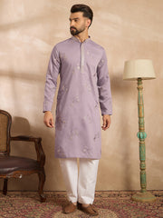 Ethnic Bay Men Lavender Silk Blend Solid Embroidered Straight Kurta-MKU1815