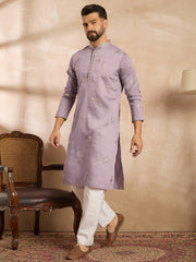 Ethnic Bay Men Lavender Silk Blend Solid Embroidered Straight Kurta-MKU1815