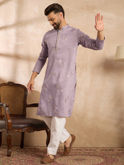 Ethnic Bay Men Lavender Silk Blend Solid Embroidered Straight Kurta-MKU1815