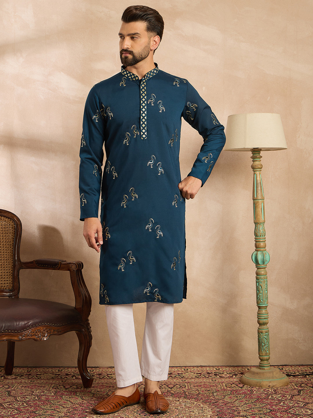 Ethnic Bay Men Navy Blue Silk Blend Solid Embroidered Straight Kurta