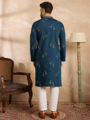 Ethnic Bay Men Navy Blue Silk Blend Solid Embroidered Straight Kurta-MKU1816