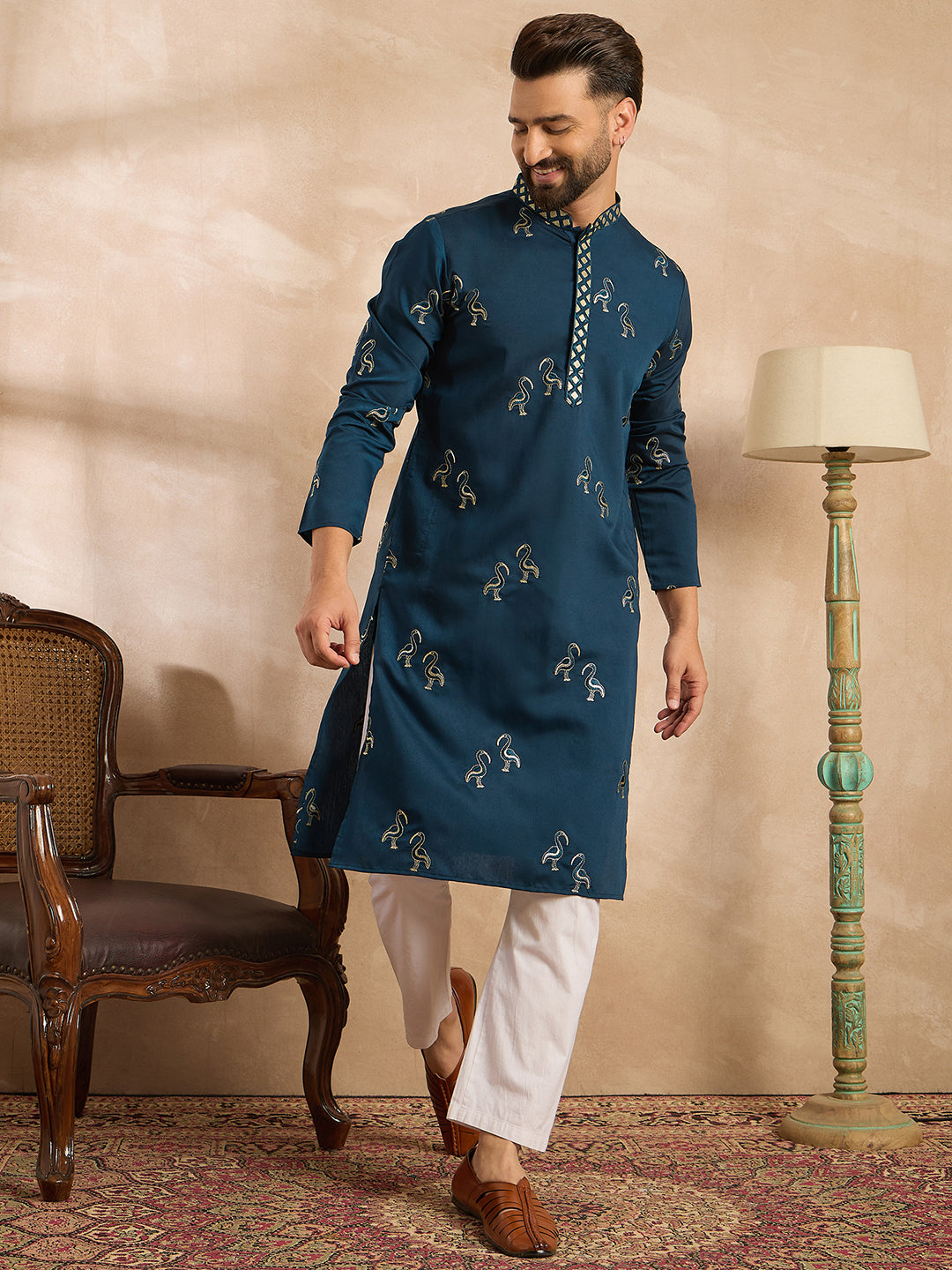 Ethnic Bay Men Navy Blue Silk Blend Solid Embroidered Straight Kurta