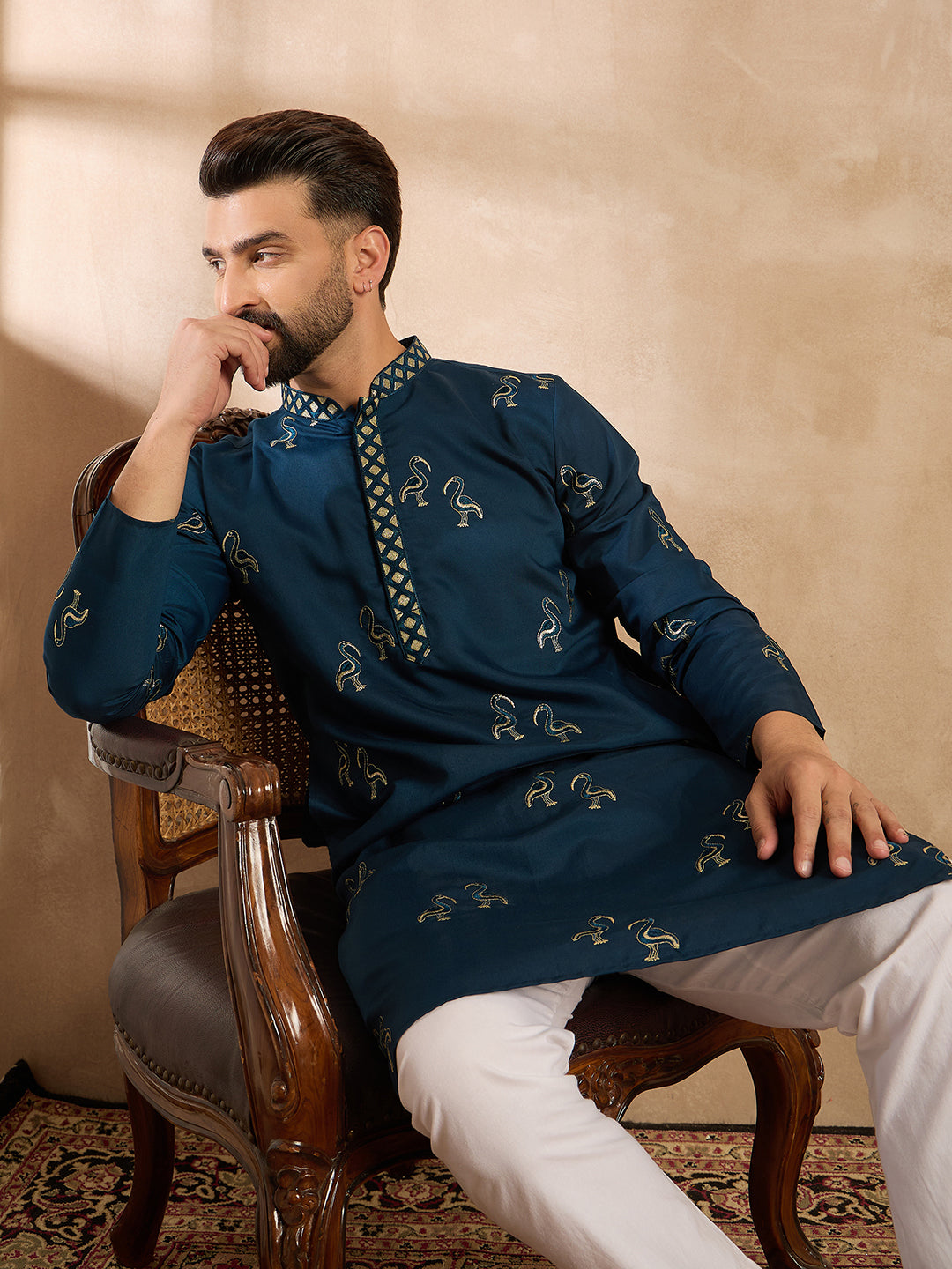 Ethnic Bay Men Navy Blue Silk Blend Solid Embroidered Straight Kurta