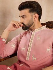 Ethnic Bay Men Red Silk Blend Ombre Embroidered Straight Kurta-MKU1818