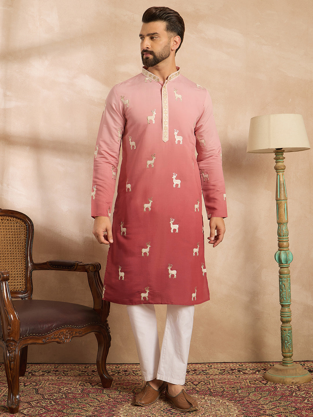 Ethnic Bay Men Red Silk Blend Ombre Embroidered Straight Kurta