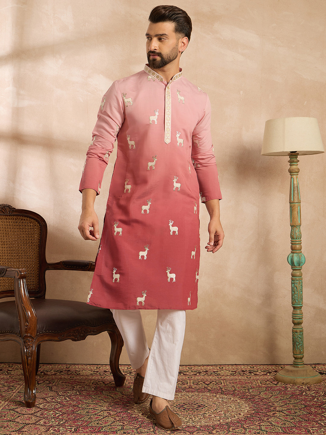 Ethnic Bay Men Red Silk Blend Ombre Embroidered Straight Kurta