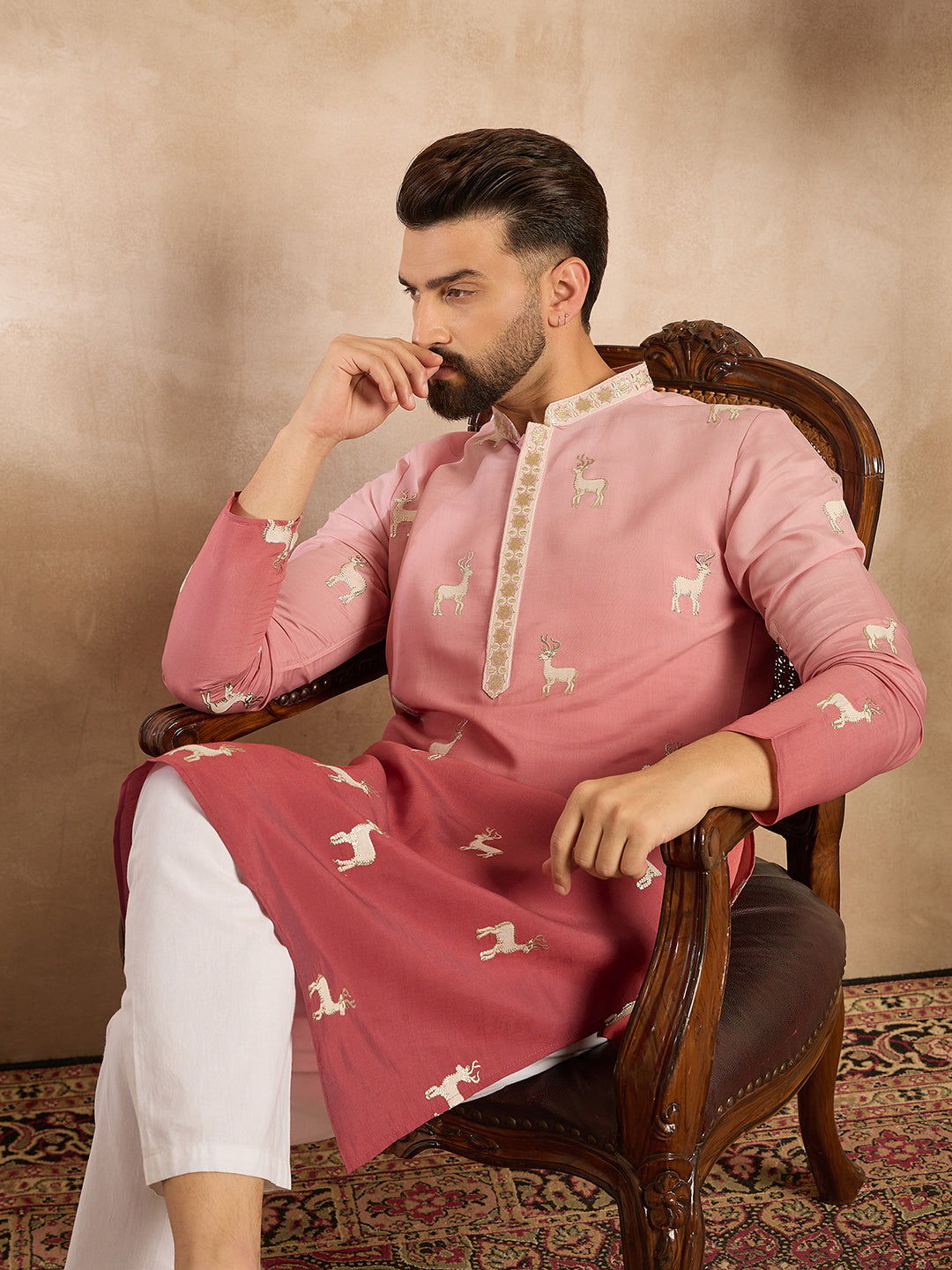Ethnic Bay Men Red Silk Blend Ombre Embroidered Straight Kurta