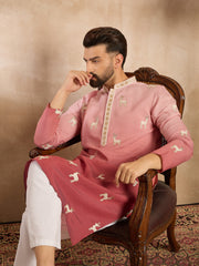 Ethnic Bay Men Red Silk Blend Ombre Embroidered Straight Kurta-MKU1818