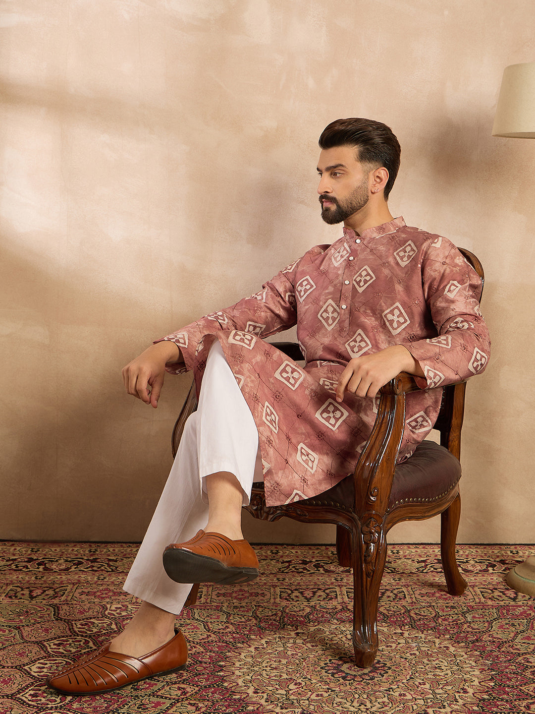 Ethnic Bay Men Brown Cotton Solid Embroidered Straight Kurta