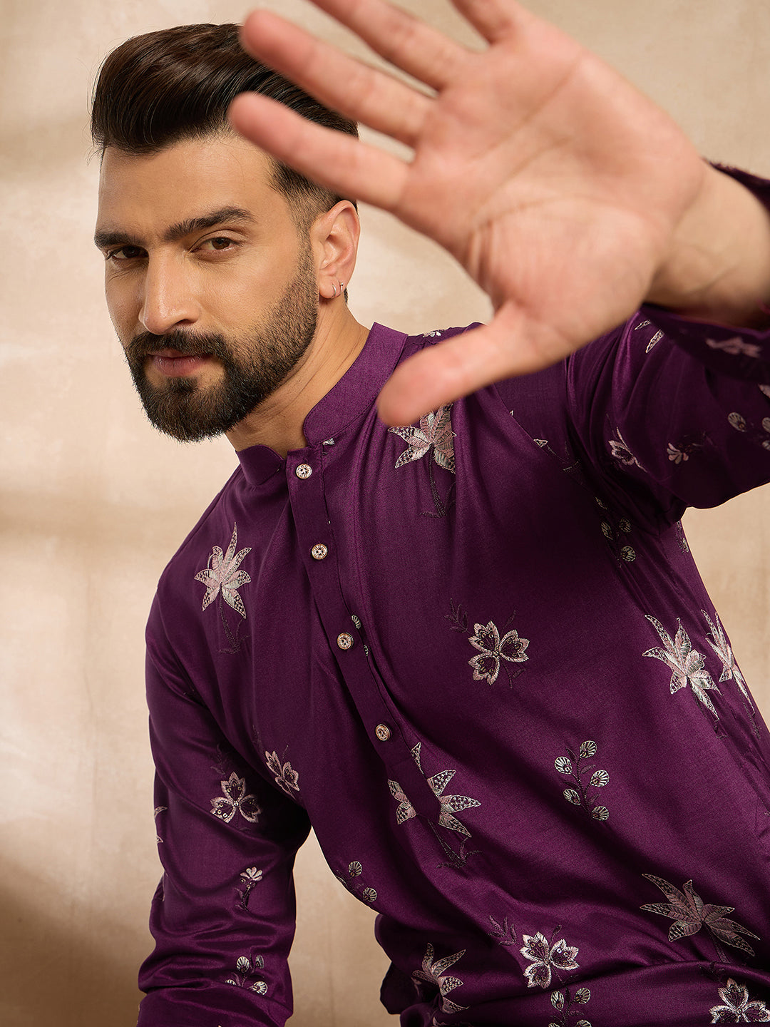 Ethnic Bay Men Purple Polyester Solid Embroidered Straight Kurta