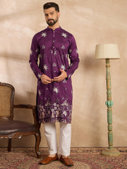 Ethnic Bay Men Purple Polyester Solid Embroidered Straight Kurta-MKU1834