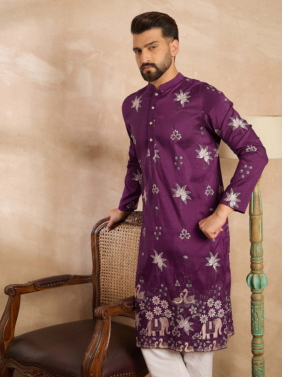 Ethnic Bay Men Purple Polyester Solid Embroidered Straight Kurta