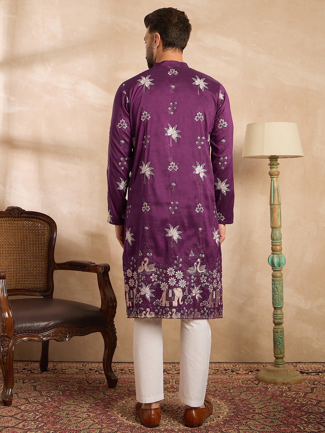 Ethnic Bay Men Purple Polyester Solid Embroidered Straight Kurta