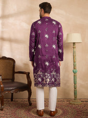 Ethnic Bay Men Purple Polyester Solid Embroidered Straight Kurta-MKU1834