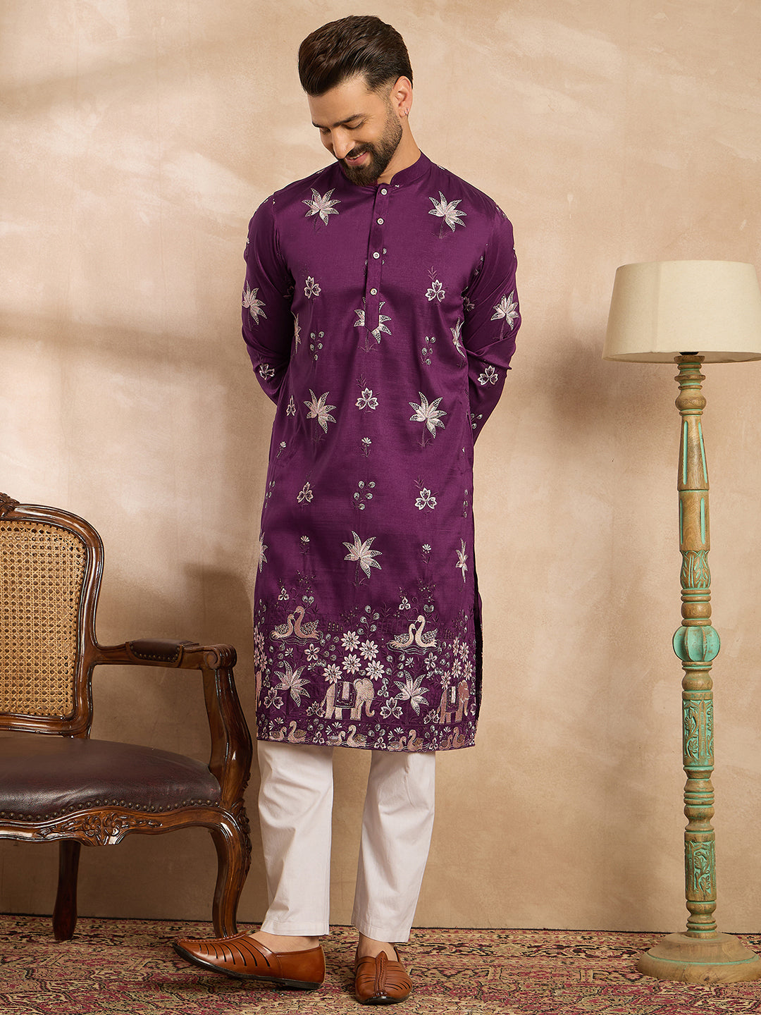 Ethnic Bay Men Purple Polyester Solid Embroidered Straight Kurta