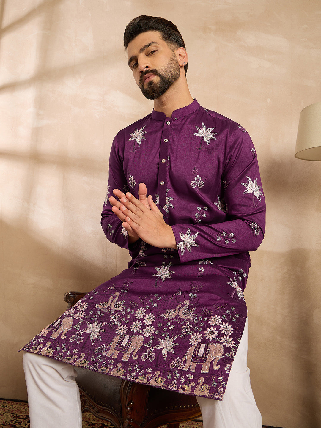 Ethnic Bay Men Purple Polyester Solid Embroidered Straight Kurta