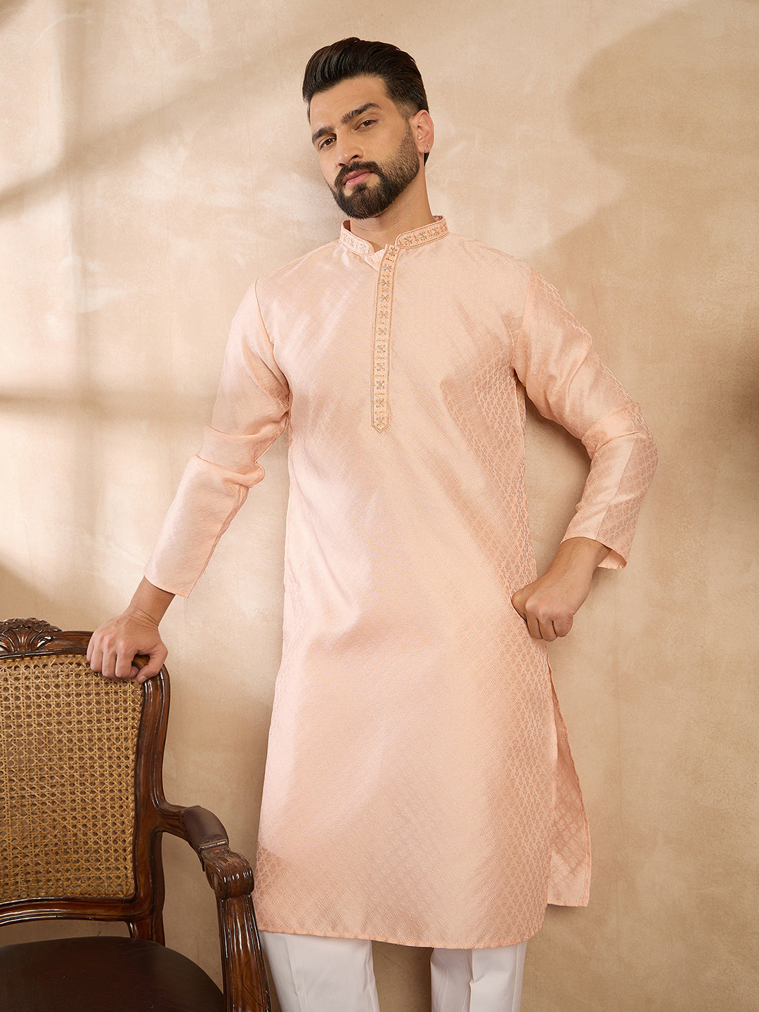 Ethnic Bay Men Peach Polyester Solid Embroidered Straight Kurta
