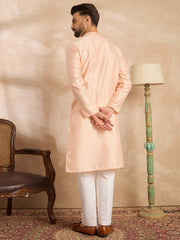 Ethnic Bay Men Peach Polyester Solid Embroidered Straight Kurta-MKU1836