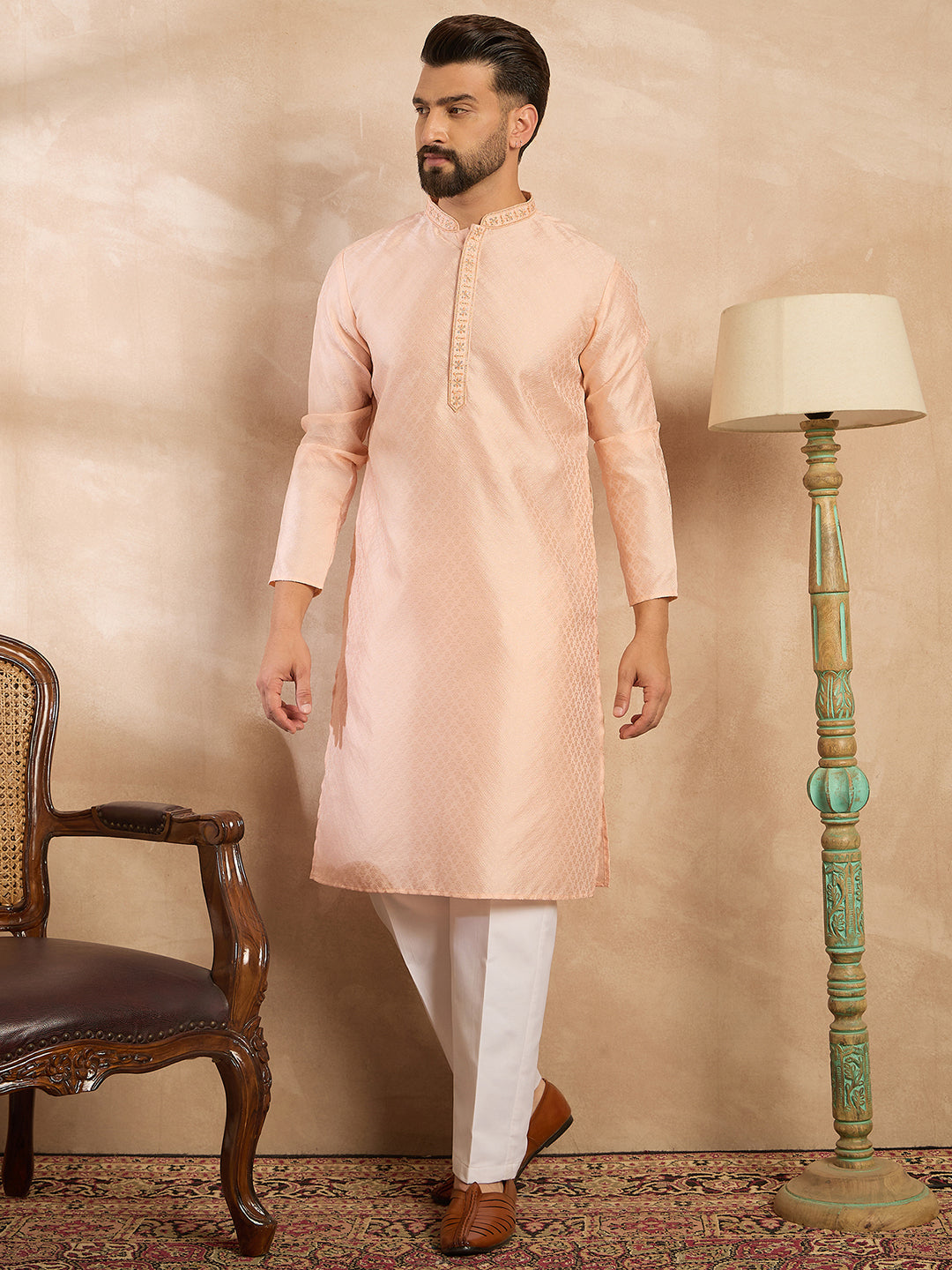 Ethnic Bay Men Peach Polyester Solid Embroidered Straight Kurta