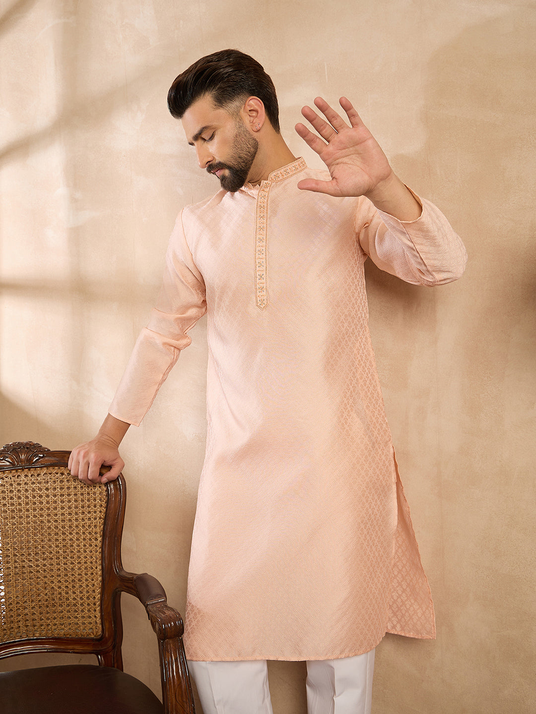 Ethnic Bay Men Peach Polyester Solid Embroidered Straight Kurta