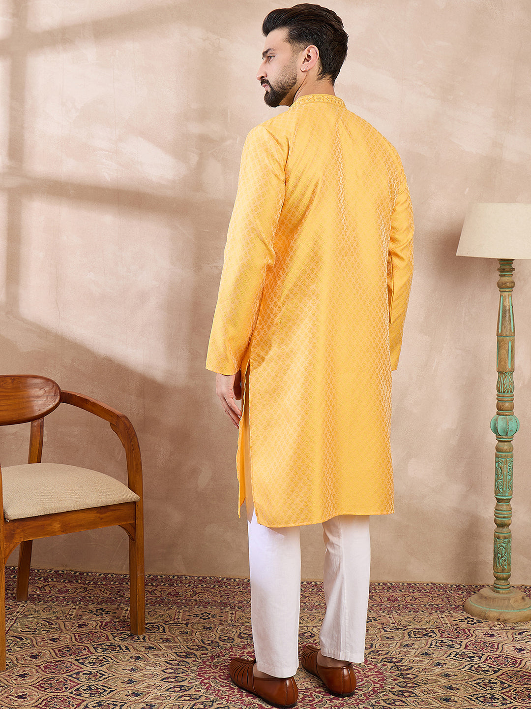 Ethnic Bay Men Yellow Silk Blend Solid Embroidered Straight Kurta