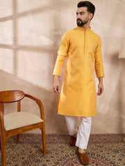 Ethnic Bay Men Yellow Silk Blend Solid Embroidered Straight Kurta-MKU1837