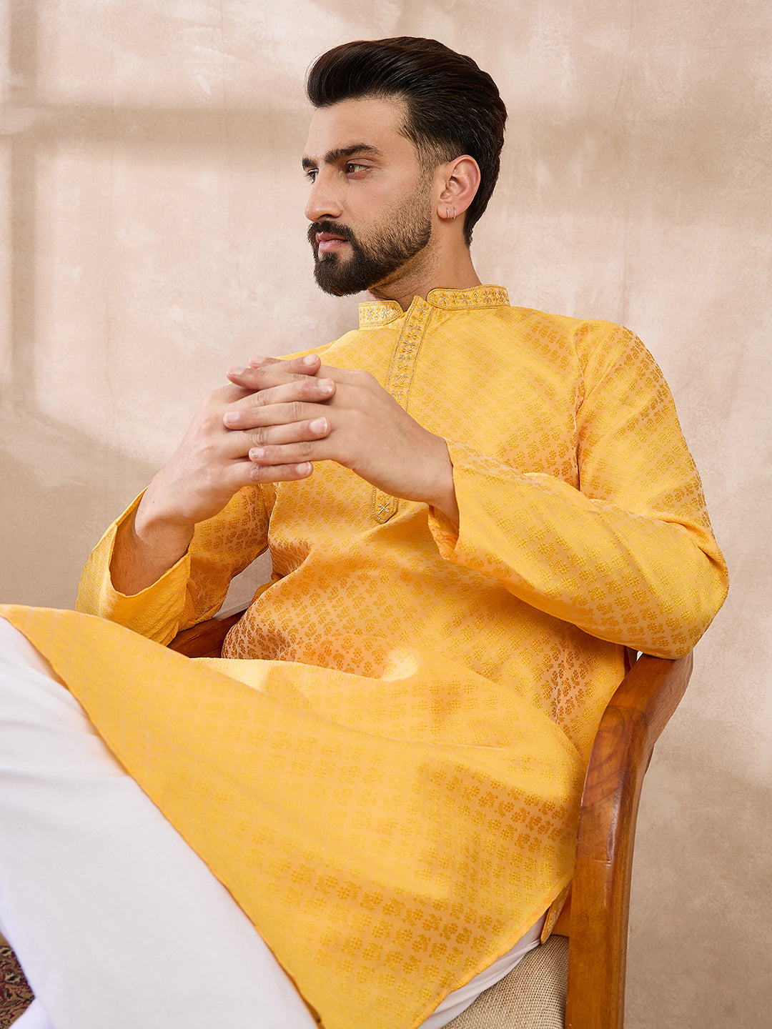 Ethnic Bay Men Yellow Silk Blend Solid Embroidered Straight Kurta