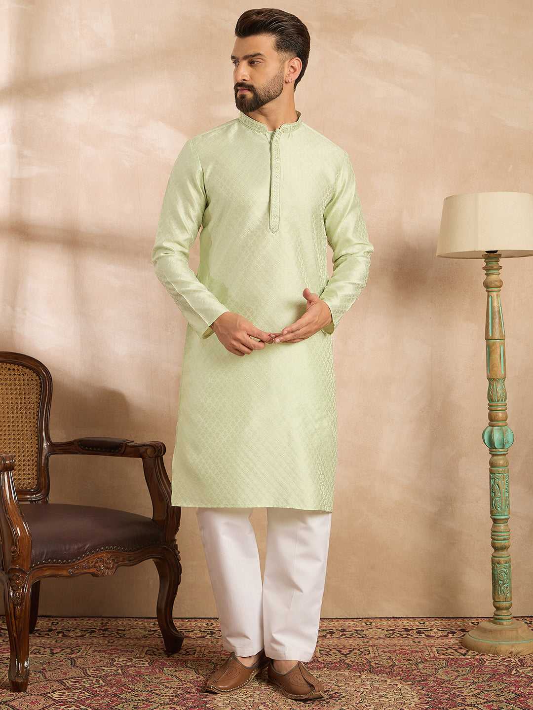 Ethnic Bay Men Teal Polyester Solid Embroidered Straight Kurta