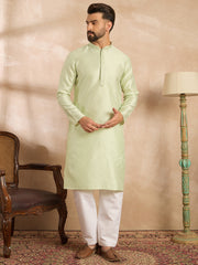 Ethnic Bay Men Teal Polyester Solid Embroidered Straight Kurta-MKU1839